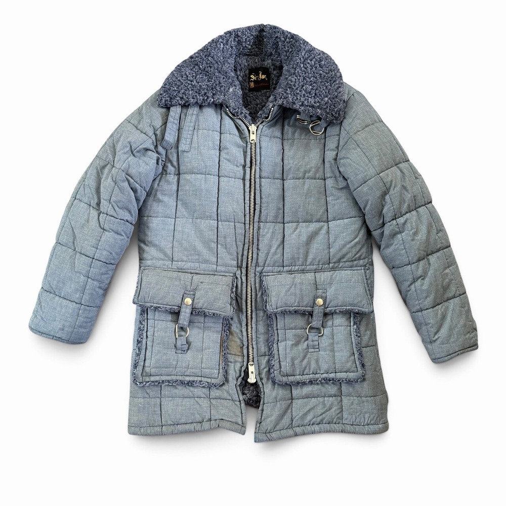 Vintage 70's Sir Jac Quilted Sherpa Puffer Jacket 40 Men Barn Coat Work Chambray